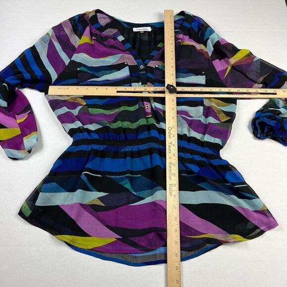 Calvin Klein Womens Peasant Blouse Striped Top Long Sleeve Artistic Shirt LARGE - Picture 5 of 12